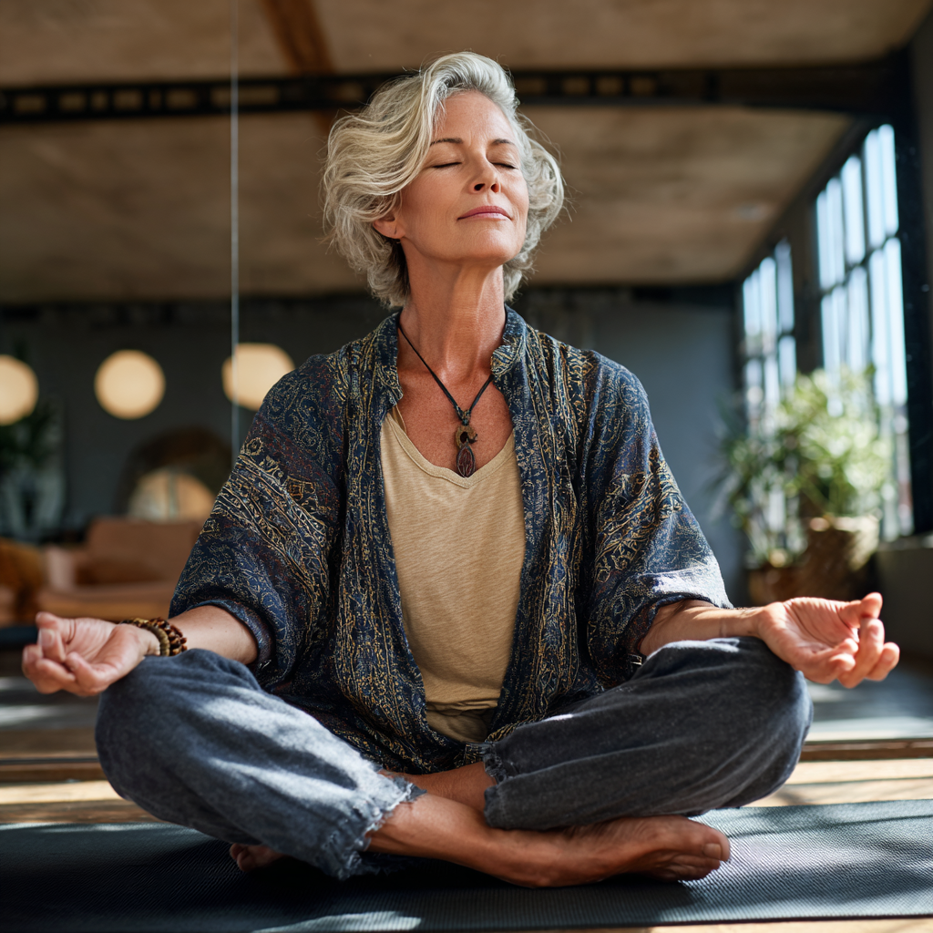 50 years old woman practicing yoga in serene studio environment