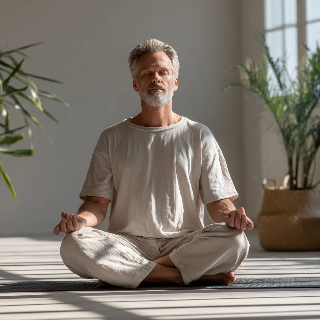 51 years old adult in peaceful meditation pose surrounded by natural light